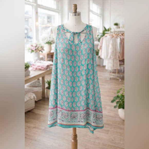 Pacific Beach Tops - Floral Teal Sleeveless Sheer Tunic Top